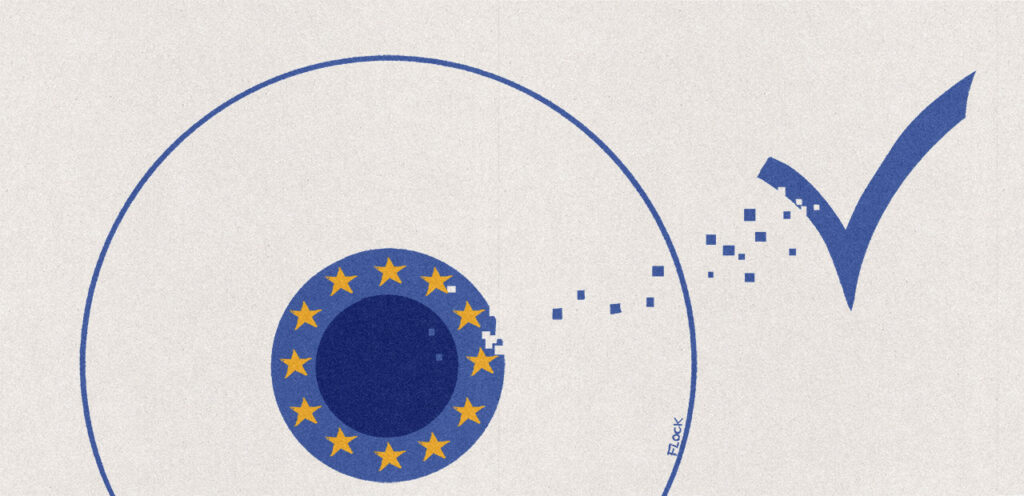 Un œil symbolisant l'Union européenne, et les dissensions et problèmes afférents