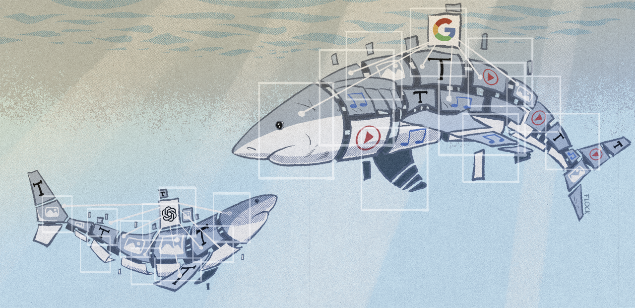 Deux requins étiquetés par portions avec les marques des entreprises d'IA génératives nagent dans l'océan