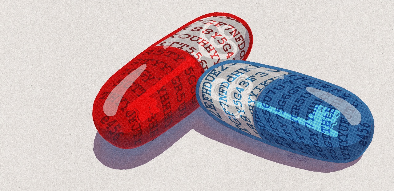 Pilule rouge et bleue avec des messages codés