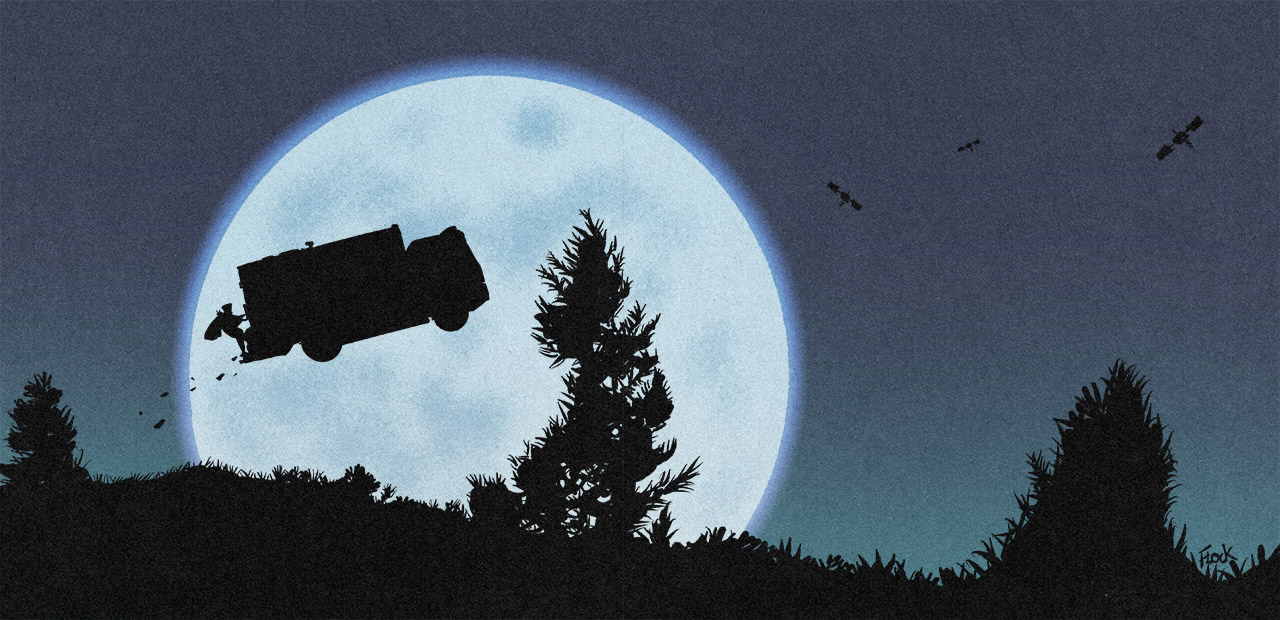 Espace et pollution : illustration parodiant une scène du film E.T avec un camion poubelle