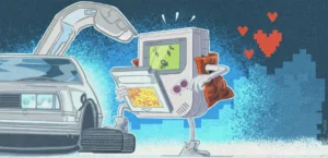 illustration d'une Gameboy en Marty Mc Fly en train de découvrir un jeu récent