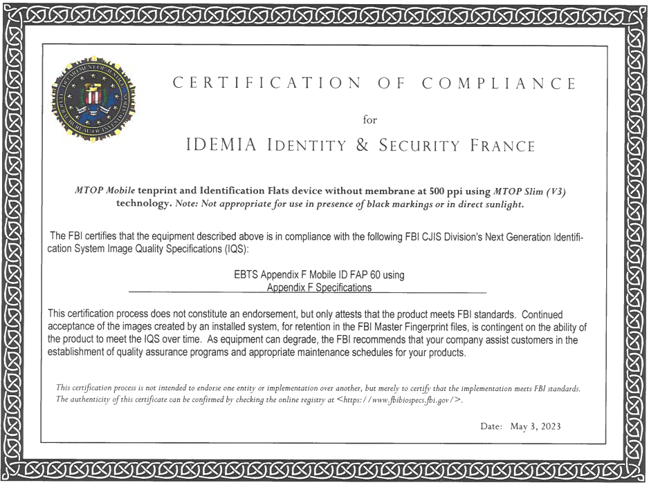 Certificat de conformité du FBI attribué à Idemia pour son capteur nomade d'empreintes digitales MTop Mobile