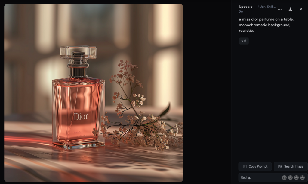 Génération par Midjourney d'une image de flacon de parfum siglé Dior.