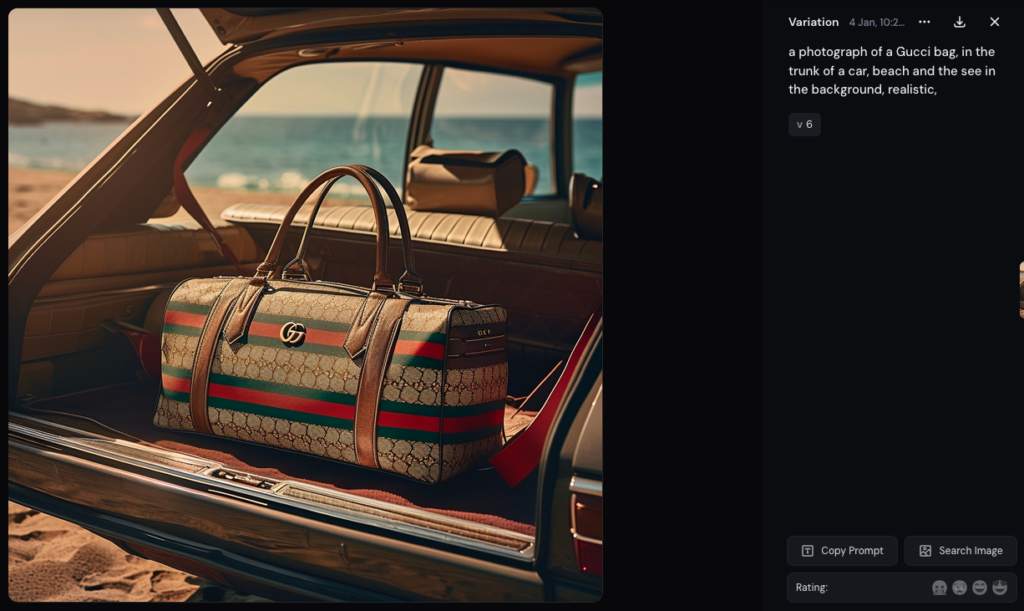 Génération par Midjourney d'une image de sac de voyage siglé Gucci.