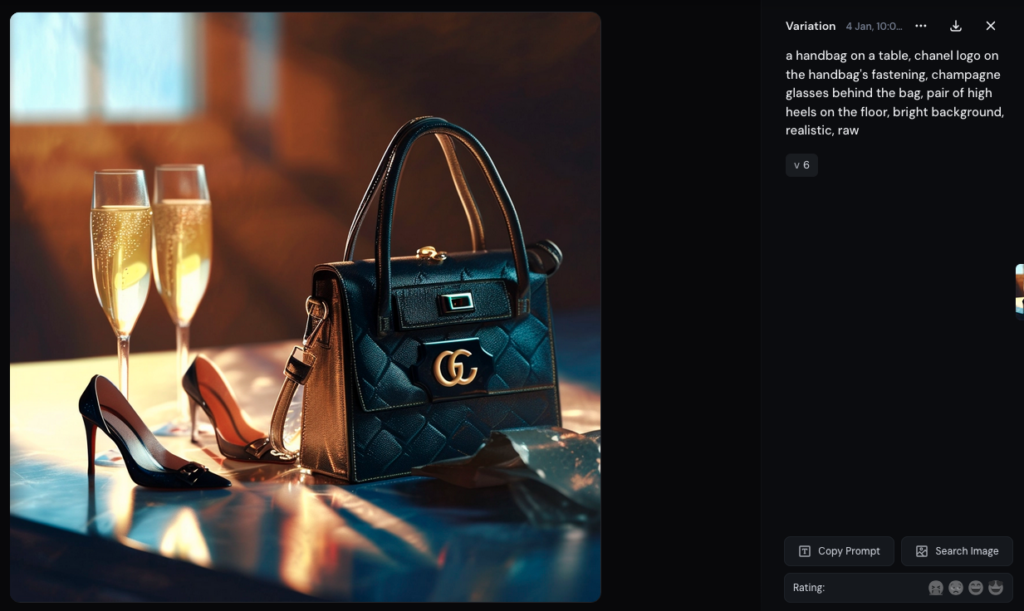 Génération par Midjourney d'une image de "sac à main Chanel", sur lequel figure un logo très proche de celui de la marque Gucci