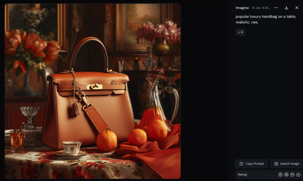 Génération par Midjourney d'une image de "sac à main de luxe populaire", au design assez proche de ceux de la marque Hermès