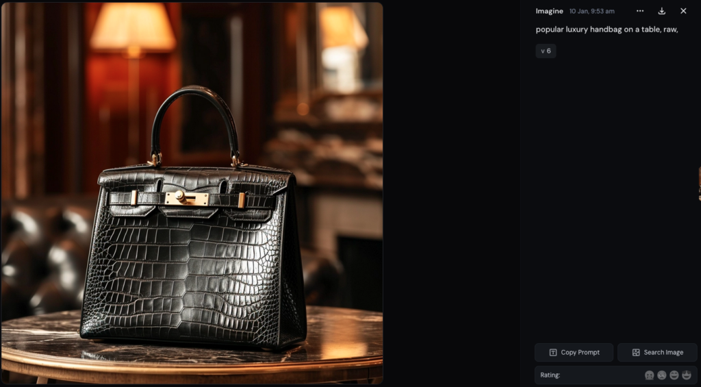 Génération par Midjourney d'une image de "sac à main de luxe populaire", au design proche de ceux de la marque Hermès
