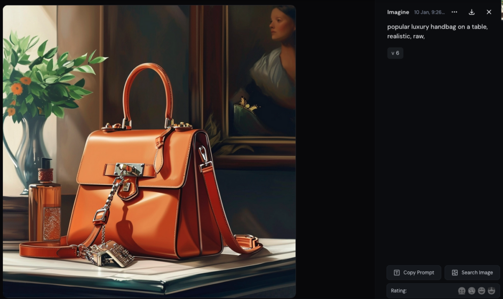 Génération par Midjourney d'une image de "sac à main de luxe populaire", au design assez proche de ceux de la marque Michael Kors