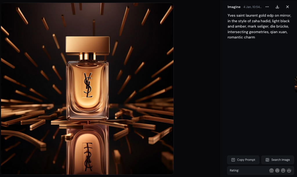 Une image de publicité pour un parfum générée par Midjourney, sur laquelle un logo YSL apparaît distinctement.