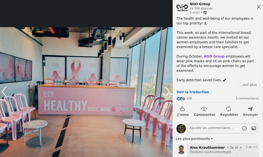 Photo partagée sur LinkedIn par NSO à l'occasion d'un évènement dédié au cancer du sein, avec son logo en rose