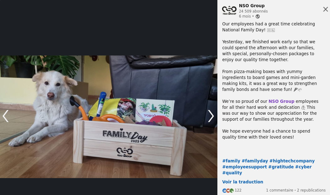 Photo partagée sur LinkedIn par NSO d'un kit familial de jardinage offert à ses employés