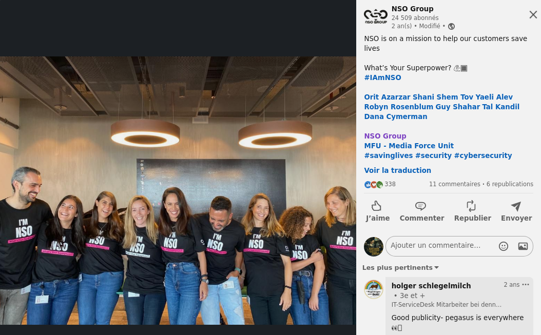 Photo partagée sur LinkedIn pas NSO de plusieurs de ses employés arborant un T-Shirt I'm NSO