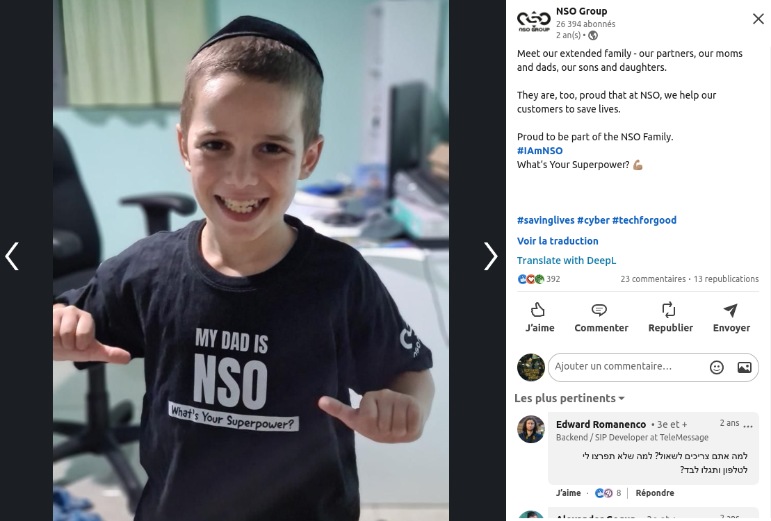 Photo partagée sur LinkedIn par NSO d'un petit garçon arborant un T-shirt My Dad is NSO