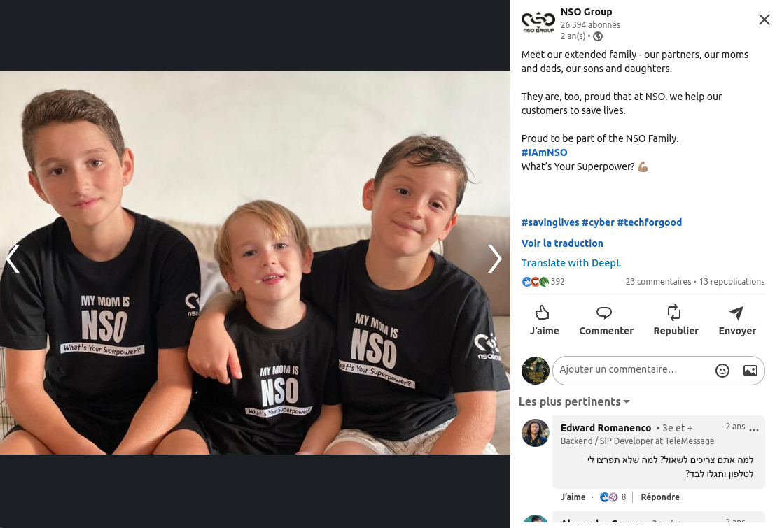 Photo partagée sur LinkedIn par NSO de trois petits garçons arborant des T-shirts My Mom is NSO