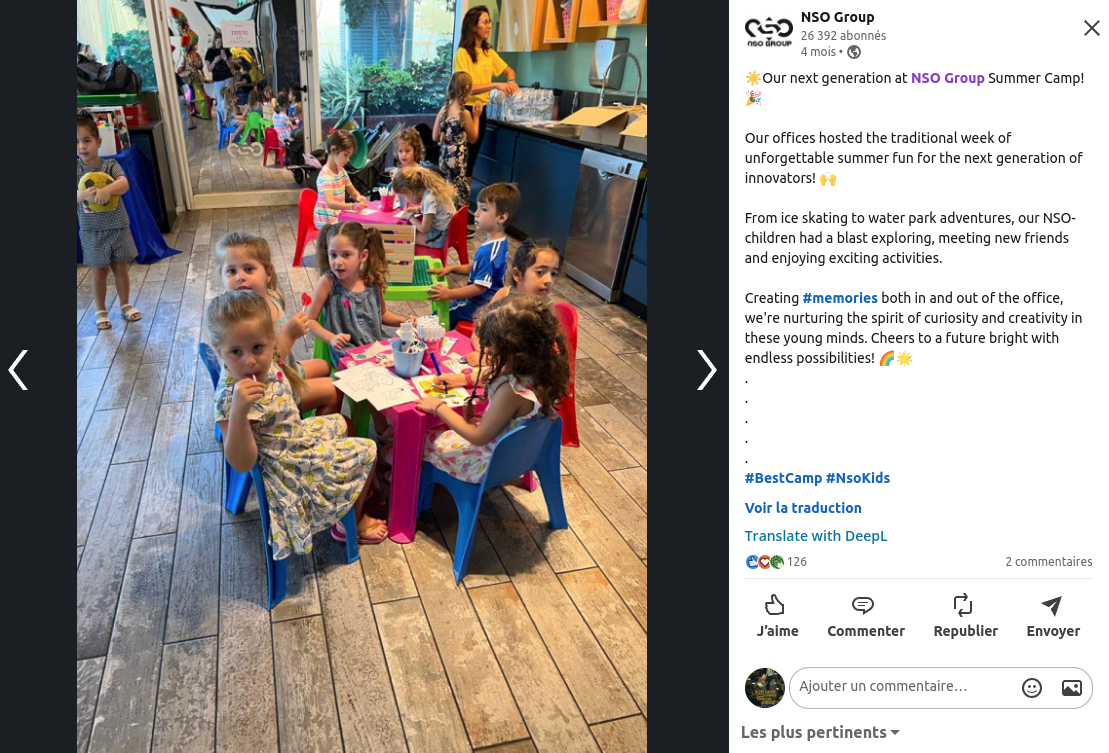 Photo partagée sur LinkedIn par NSO d'un atelier organisé à l'intention des enfants de ses employés