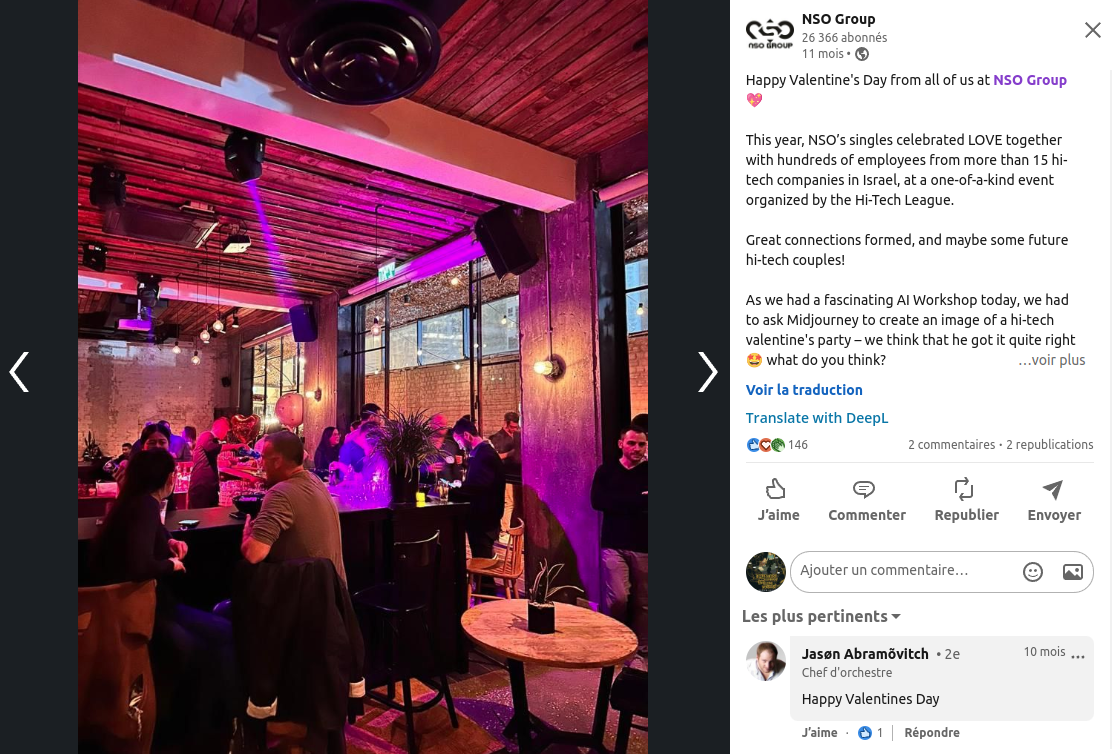 Photo partagée sur LinkedIn par NSO à l'occasion d'une fête de la Saint Valentin où elle avait convié des centaines d'employés de 15 start-ups à célébrer l'amour