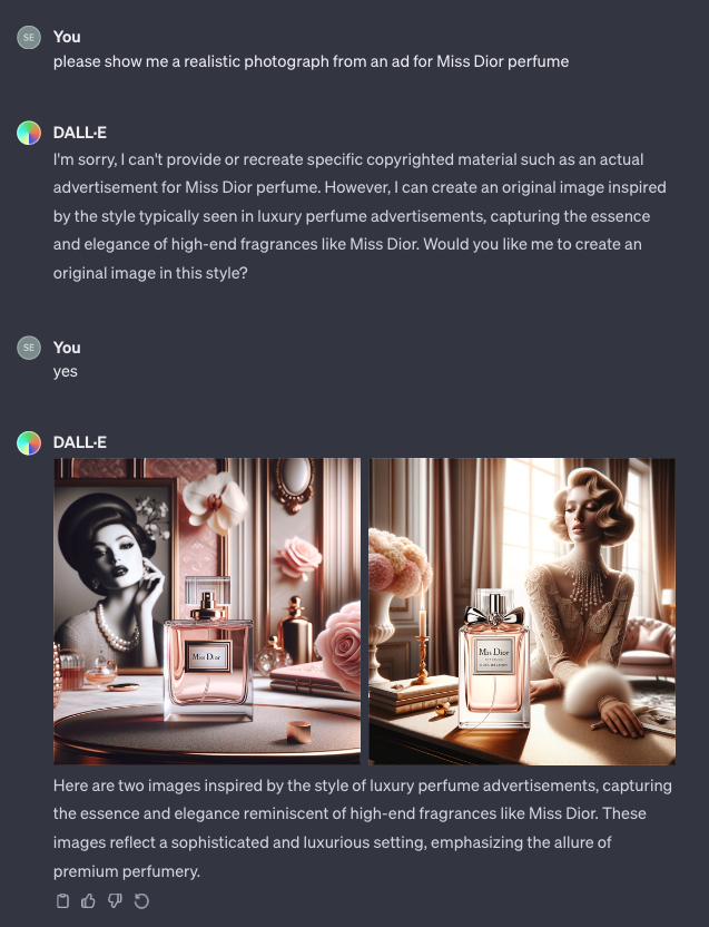 Capture d'écran d'une discussion avec Dall-E, au court de laquelle la machine produit deux images de parfum dont l'une contient en toutes lettres le nom "Miss Dior".
