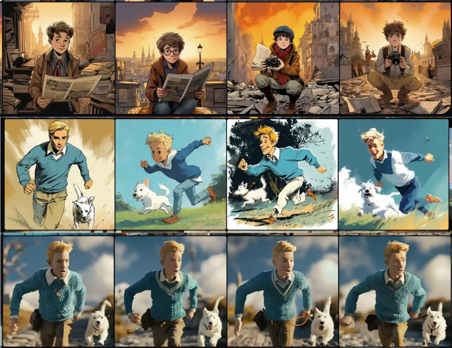 Trois séries de tests de génération d'images ressemblant au héros de BD Tintin.