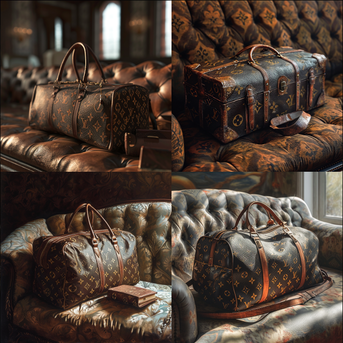 Génération par Midjourney de 4 images de sac reprenant le logo Vuitton.