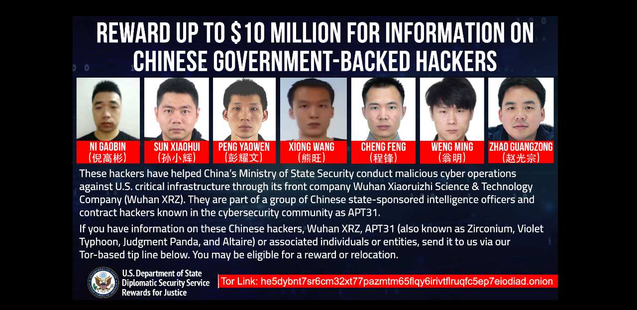 La Justice US offre jusqu'à 7M$ pour toute information au sujet de 7 pirates informatiques d'État chinois