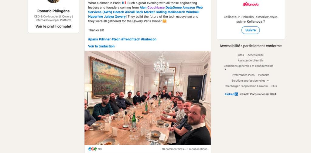 capture d'édran de la publicaitn de Romaric Philogène sur LinkedIn, sur laquelle on observe une grande tablée d'entrepreneurs de la tech. Sur la photo, uniquement des hommes.