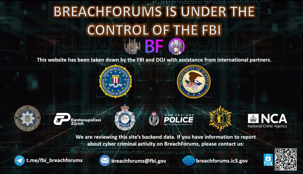 Capture d'écran du message du FBI après la saisie de BreachForums