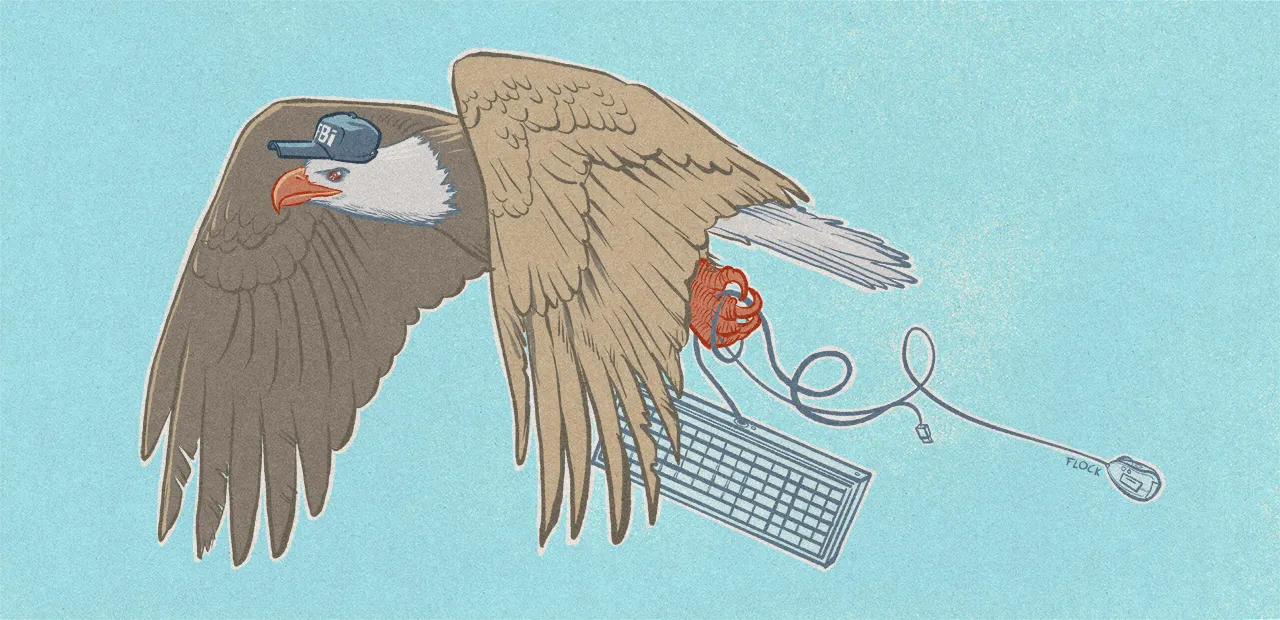 Une illustration d'aigle du FBI emportant clavier et souris