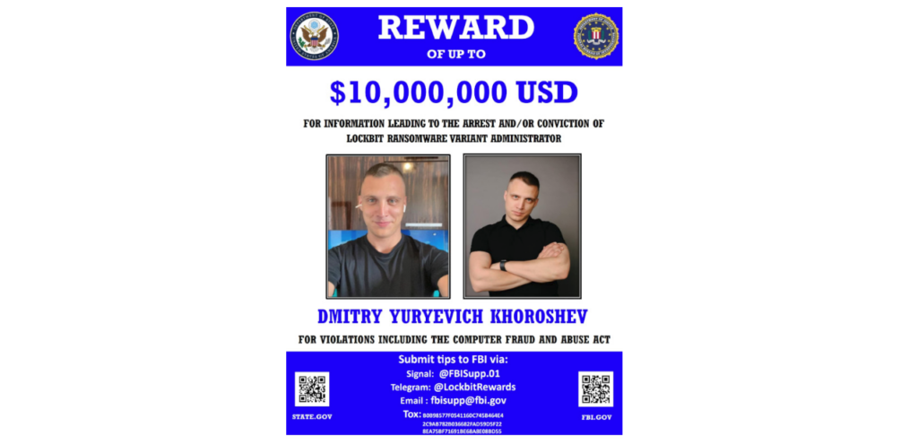 Poster US proposant une récompense de 10M$ pour toute information sur LockBitSupp