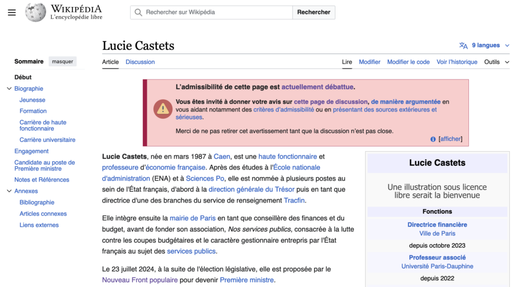 [MàJ] La page Wikipédia francophone de la première ministrable du NFP Lucie Castets débattue