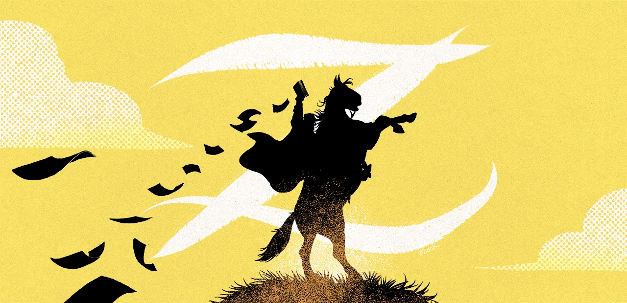 La silhouette d'un Zorro brandissant un livre dont des feuilles s'envolent sur fond de la lettre Z