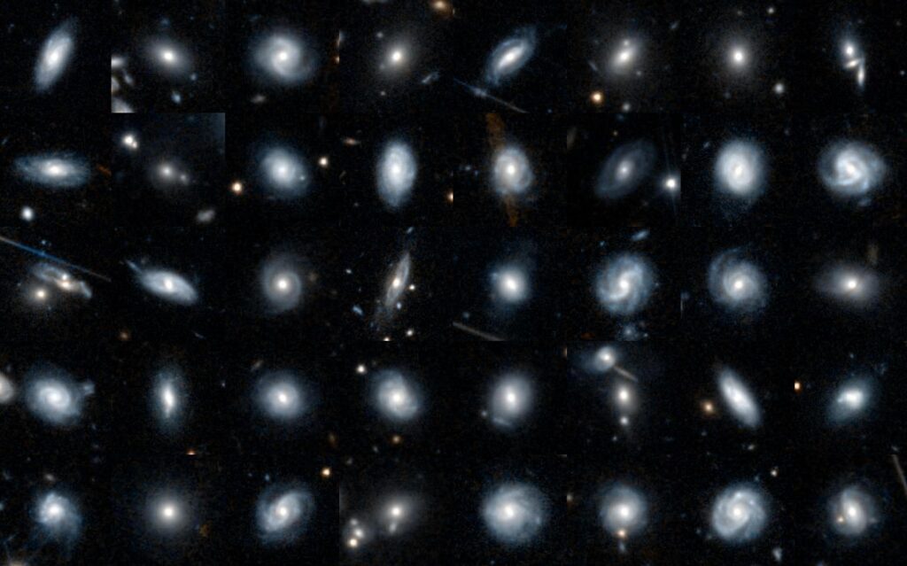 Quarante galaxies sont ici représentées sur fond noir. Les galaxies ont toutes des formes différentes ; certaines ressemblent à des spirales, d’autres sont barrées ou lisses.
Crédit : ESA/Euclid/Euclid Consortium/NASA.